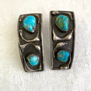 Extra Large Brutalist Earrings, Turquoise and Silver